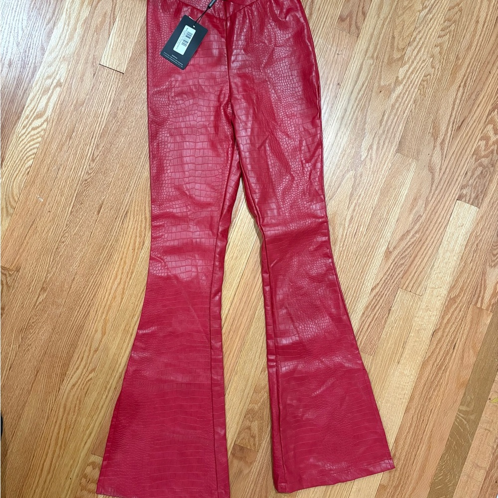 PrettyLittleThing Croc-Embossed Red Faux Leather Pants